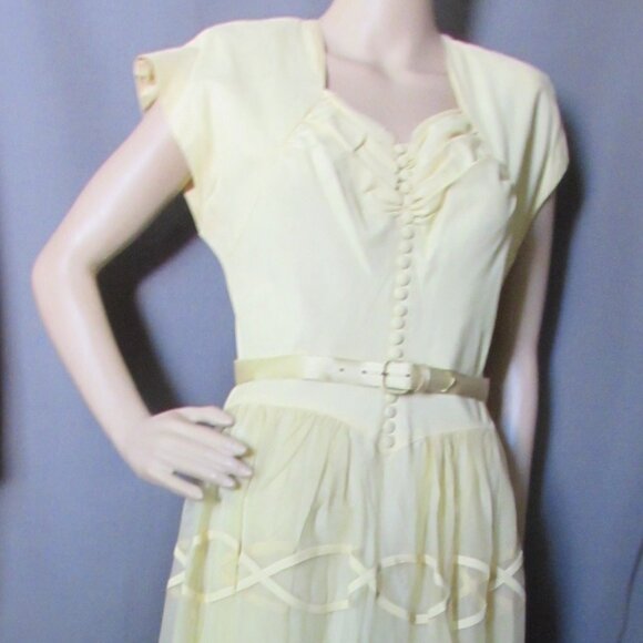 Vintage 1940 Era Prom or Dance Dress Sun Yellow Net and Satin - Picture 1 of 12